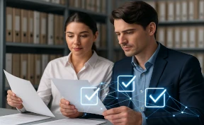 Mitarbeiter vergleichen Akten, digitale Checkboxen symbolisieren Qualitätskontrolle beim Scannen.