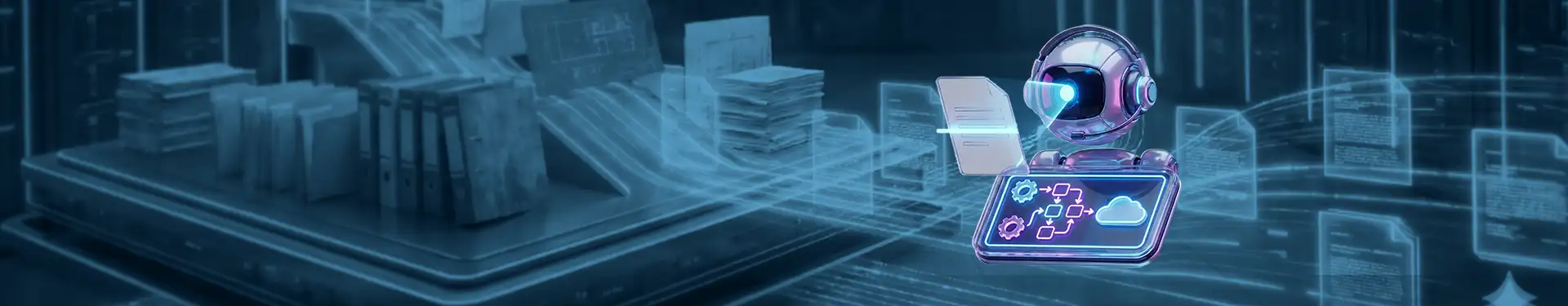 Ordner und Dokumente auf einer Scan-Plattform im Serverraum, die als digitale Daten auf einem Analyse-Dashboard visualisiert werden.